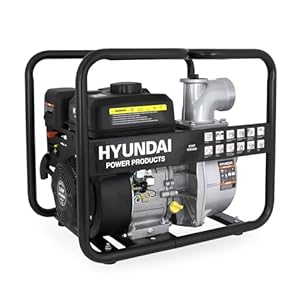 HYUNDAI Benzin Wasserpumpe GWP57647 – 5.4 PS, 4-Takt Motorpumpe, 60.000 l/h Förderleistung, 28 m Förderhöhe, mobile Gartenpumpe, Teichpumpe für Entwässerung & Bewässerung