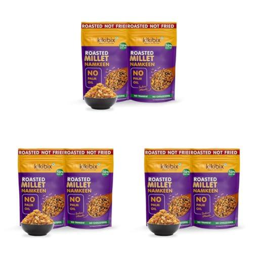 Image of Kikibix Healthy Roasted Millet Namkeen, Non Fried Snacks for Weight Loss, Low Fat, No Cholesterol, Chatpata Snacks for Diabetics made with Millets, Oats, Flax Seeds, Chana, Moong, Pack of 6