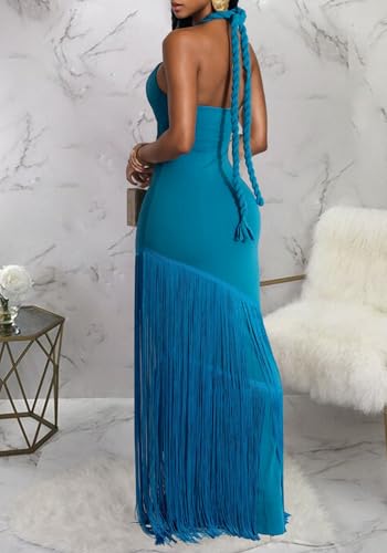 Image of Kwunbwa Women's Sexy Halter Backless Maxi Dress Cut Out Sleeveless Bodycon Long Fringes Club Party Cocktail Dresses