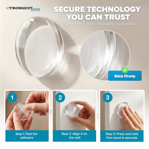 Image of STRONGEST HOME Door Stoppers (Medium) 2 inch - Door Stop for Wall with Strong Back Adhesive - Quiet and Shock Absorbent Silicone Wall Protectors from Door Knobs - Protects Every Surface - (Clear | 20 PCS)