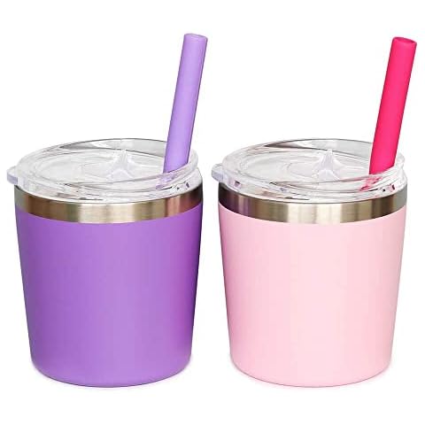 Colorful PoPo Cute Stainless Steel kids Cup with Lids, Silicone Straw Cup for Toddlers, Mini Insulated Stackable Tumblers for Smoothie Milk, Set of 2 (Pink Purple, 8 OZ) Cover