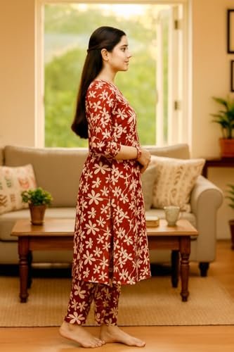 Image of Vlazom Women's 3-Piece Cotton Cord Set with Matching Bag | Floral Printed Co-Ord Set with Kurta Top & Pants | Ethnic Cotton Coord for Women