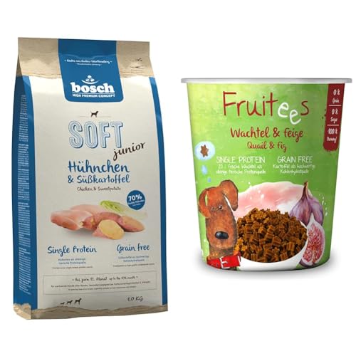 Bosch HPC Soft Junior Hühnchen & Süßkartoffel | halbfeuchtes Hundefutter Single Protein 1 x 2.5 kg + Bosch Finest Snack Concept Fruitees Frische Wachtel und Feige 4 X 200g| ohne Getreide
