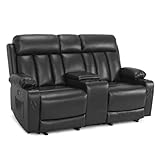 MCombo Loveseat Recliner with Console, Heat and Massage, Power Reclining Sofa for Living Room, Faux Leather 6095 (Black, Loveseat Recliner with Console)