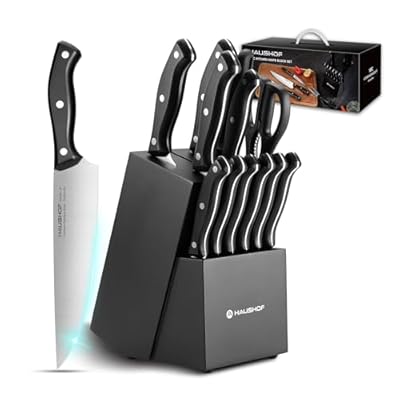 HAUSHOF 14 PCS Kitchen Knife Set With Block Woo...