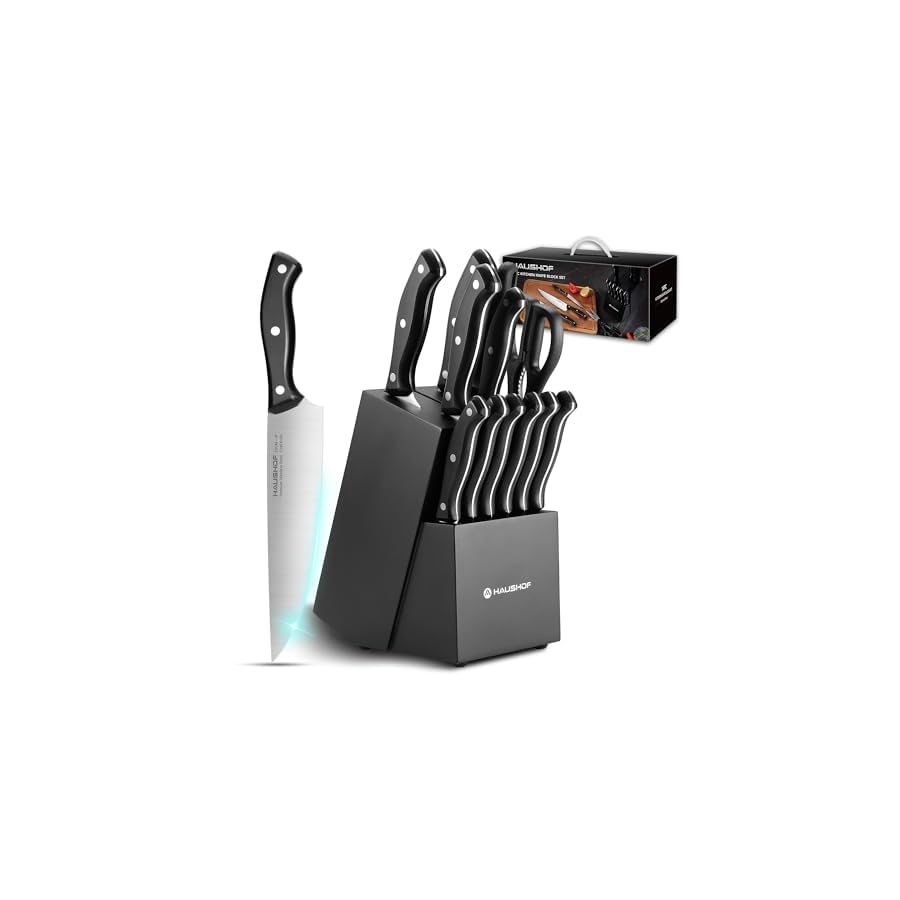 HAUSHOF 14 PCS Kitchen Knife Set With Block Wooden, Razor-Sharp Stainless Steel, Forged Triple Rivet, Chefs, Santoku, Slicing, Utility & 6 Steak Knives, Black