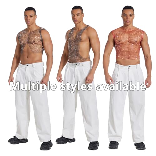 HAVBX Débardeur sexy en résille pour homme avec strass et col en V profond étincelant sans manches pour fête en club (US, Alpha, taille unique, standard, noir) – vue 6