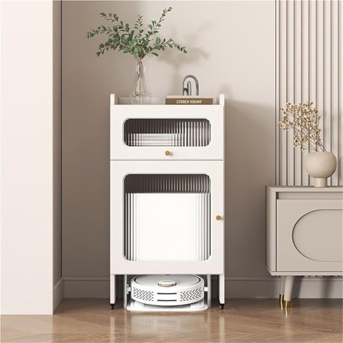 Smart Robot Vacuum Storage Cabinet, Self-Emptying Sweeper Rack with Tempered Glass Door, Compact Organizer for Living Room – Stylish White Design, Space-Saving Solution