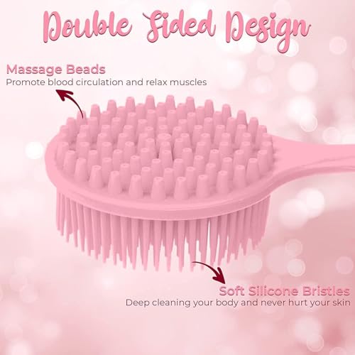 Image of Silicone Back Scrubber, Long Handle Soft Bristles Bath Brush with Massage Beads, Body Shower Washing Brush Wet or Dry Cleaning Spa Brushing for Men and Women (Pink Pack of 1)
