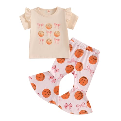 Kids Toddler Girl Summer Outfits Basketball Bow Print Short Sleeve T-Shirt Flared Pants Set Cute 2Pcs Clothes