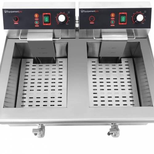 Freidora profesional de acero inoxidable, 2 x 10 L, con grifo - alta capacidad para patatas fritas y buñuelos - Snack, Restaurante, Catering - Equipementpro