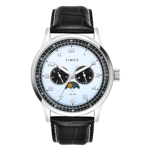 TIMEX Analog Watch for Man with Blue Round Dial & Black Leather Strap Band Water Resistant Men's Wrist Watches - TWEG19607