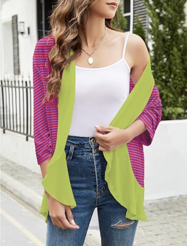Image of Cardigans for Women Trendy 3 /4 Sleeves Lightweight Summer Flower Ruffles Striped Color Block Cardigan