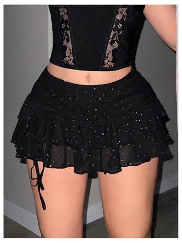 SOLY HUX Women's Ruffle Mini Skirt Y2k Sparkly Mesh Low Rise Layered Ruched Summer Skirts Party Concert Outfits4