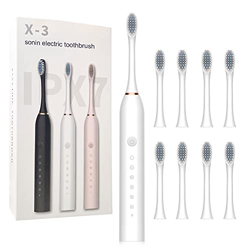Rechargeable Electric Toothbrush with 8 Brush Heads, Whitening Toothbrush with 6 Cleaning Modes and Smart Timer, IPX 7 Powerful Waterproof Cleaning Tooth Brush for Adults(White)