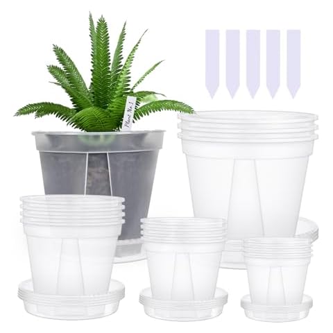 Barafat 32 Pcs Plastic Pots for Plants with Trays 4/5/6/7 inch Clear Nursery Pots with Drainage Holes and Saucers, Planter Pots for Indoor Outdoor Seedlings Starter Plants,100 pcs Plant Labels,16-Set Cover
