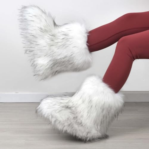 Image of Fashion Fur Boots,Flat Heel Comfy Plush Warm Snow Booties,2025 Winter Outdoors Furry Boots,Mid-Calf Faux fur Boot for Women.