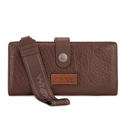 Image of Montana West X Wrangler Brown Wristlet Wallet Minimalist Clutch Womens Wallet Rfid Card Cases & Money Organizers with Coin Purse and Smooth Zipper
