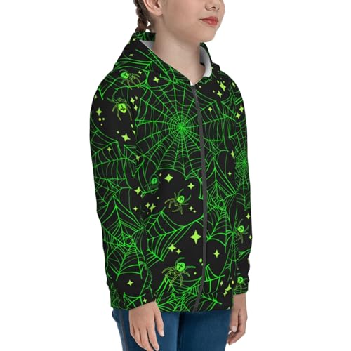 Green Bright Web with Spiders Kid Hoodies Boys Zip Up Sweatshirts Girls Pullover with Pocket4
