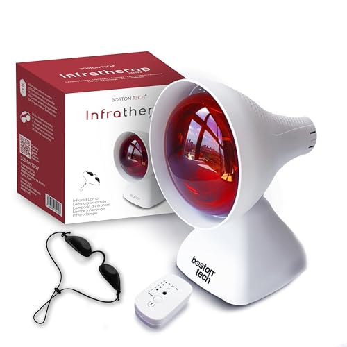 Lámpara luz roja Boston Tech WE122 Lámpara de infrarrojos sobremesa fisioterapia dispositivo Termico potencia 200W alivio dolores y tensiones musculares 3 niveles de inclinación Temporizador y proteccion ocular.