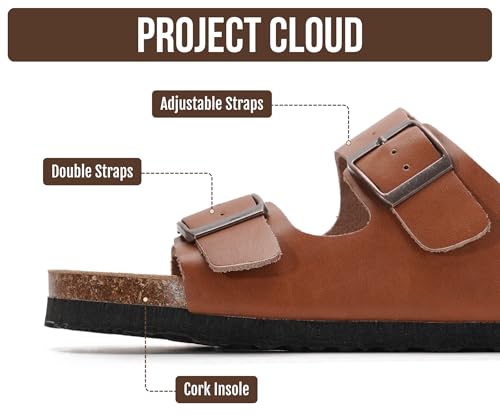 Image of Project Cloud 100% Genuine Leather Flat Sandals For Women 2026 Cork Footbed Womens Sandals with Memory Foam and arch support Vacation Essentials Slides for Women Footwear (Venita)