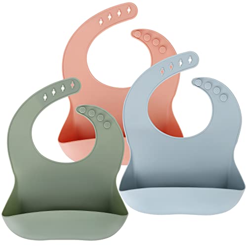 Image of AULEGE Silicone Baby Bibs Set of 3, BPA Free Durable Adjustable Waterproof Silicone Feeding Bibs with Food Catcher Pocket for Babies and Toddlers 6+month (Sage/Ether/Muted)