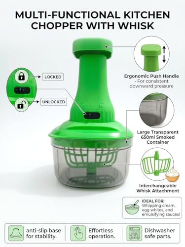 Image of Manual Push Vegetable Chopper with 6 Stainless Steel Blades (650ml, Multicolor) | Heavy Duty Hand Press Food Processor & Whisk for Onion, Salad, Chutney & Gravy