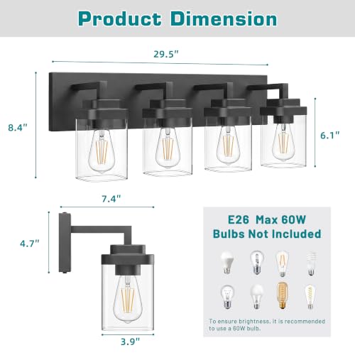 Image of Bathroom Vanity Light, Clear Glass Shade 4 Lights Morden Bathroom Lighting Fixtures Over Mirror, Black Bathroom Light Vanity Fixtures for Bathroom /Living Room /Bedroom