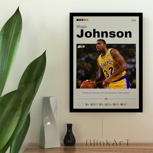 Image of BLINKART Magic Johnson | Nba Basketball Player | Synthetic Wood Photo Framed Wall Hanging Poster Room & Office Bedroom Living Boys And Girl Room Home Wall Hanging | 12x18 Inches