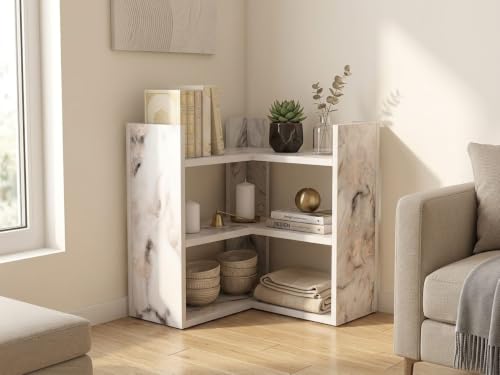 Image of Multipurpose 3 Tier L Shaped Wooden Storage Rack For Kitchen, Living Room and Utility Storage, White Marble