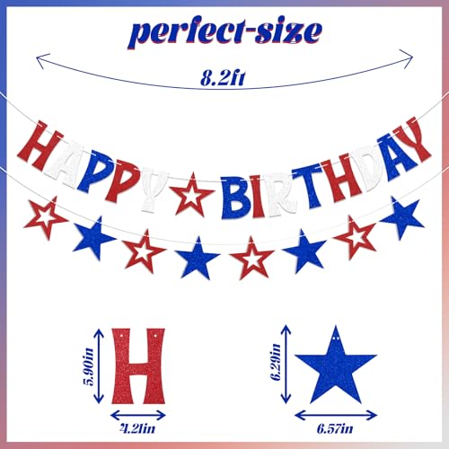 Image of Red White & Blue Happy Birthday Banner Decoration Glitter American Themed Stars Decorations for 4th of July Memorial Day Party Independence Day Birthday Decorations