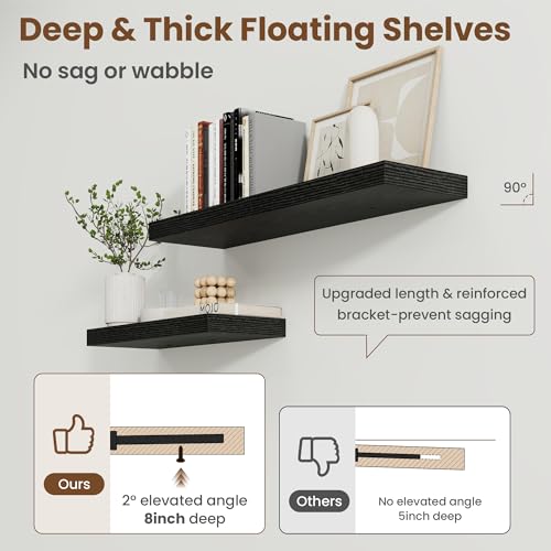 Image of 48 Inch Floating Shelves for Wall, 8 Inch Deep Floating Shelf for Storage & Display, Rustic Wall Mounted Shelf with Invisible Brackets for Living Room, Kitchen, Bathroom, Home Decor, Set of 2, Black