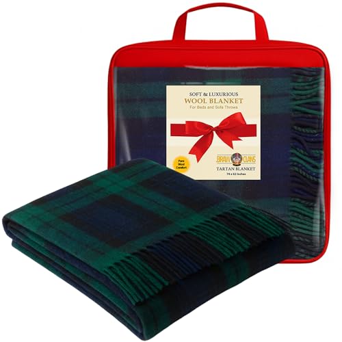 BRAW CLANS TARTANS Decke aus 100prozent Reiner Wolle, 188 x 157 cm, Schottenkaro Mit Fransen - Weich, Kariert, Gemütlich für Sofa, Camping, Picknick - Warme Winterdecke (Black Watch)