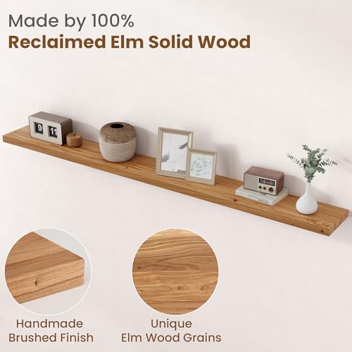 Image of Floating Shelves for Wall Decor, 8 inch Deep Rustic Solid Elm Wood Floating Shelves Wall Mounted, Wall Shelves with Invisible Bracket for Living Room Bathroom Bedroom Kitchen, 72 Inch Set of 1, Natural