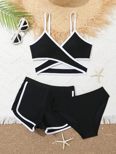 Image of WDIRARA Girl's 3 Pieces Wrap V Neck Criss Cross Swimsuit Bikini Set Bathing Suit with Shorts Black and White 8Y