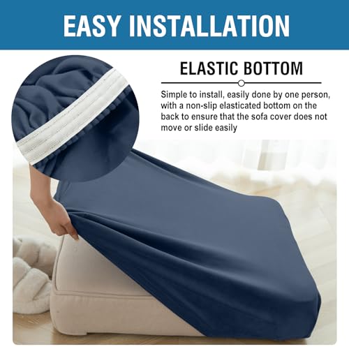 Image of Couch Cover 3-Piece Elastic Velvet Couch Cushion Covers & Chaise Slipcovers for L-Shaped Sofas, Sofa Seat Covers Washable, Soft Cover for Couches (2 Seater + Chaise, Berlin Blue)
