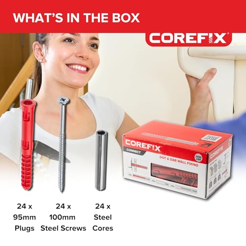 Corefix 100mm Heavy Duty Dot & Dab Wall Fixings - Plasterboard Over Blockwork Wall Plugs & Screws - For TVs, Radiators, Shelving & more - Holds 100kg on 4 fixtures - Reinforced Steel Core – Box of 24