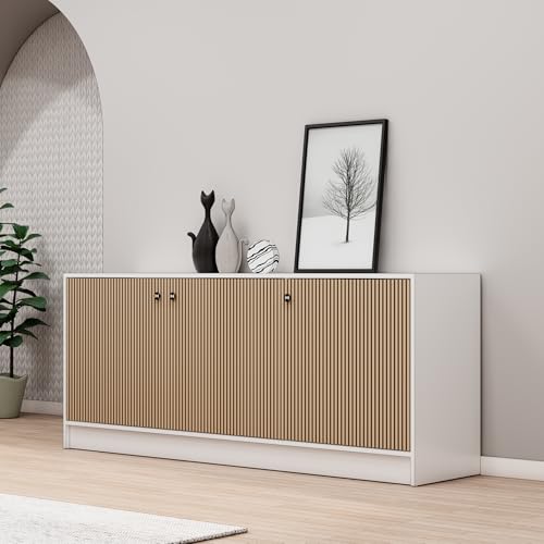 Image of Bniture Luxe Storage Cabinet for Living Room | Wooden Sideboard Cabinet with 3 Door & 3D Textured | Multipurpose Storage Cabinet Organizer for Home, Bedroom & Kitchen | Frosty White & Giant Wood