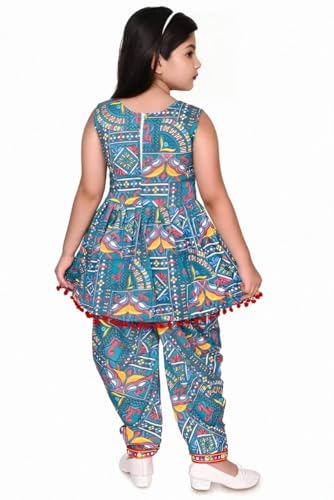 Image of Girls Ethnic Kurti and Dhoti Pant Set - Sleeveless Printed Outfit with Pom-Pom Hem | Dress for Kids