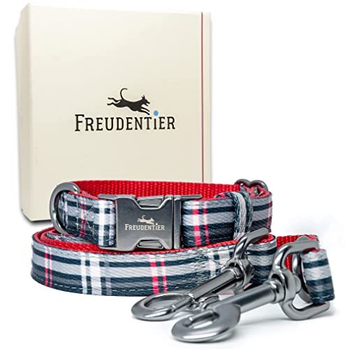 FREUDENTIER® Collar y Correa para Perros en Elegante Set | Incluye Caja de Regalo | Colección Edinburgh | Resistente al Invierno y fácil de Limpiar (30-40cm, Negro/Rojo)