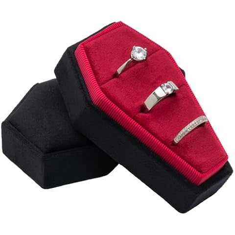 Giftop Velvet Coffin Ring Box Case Holder 3 Slots for Gothic Wedding Ceremony,Gothic Jewelry Organizer Decorations (Black and Red) Cover