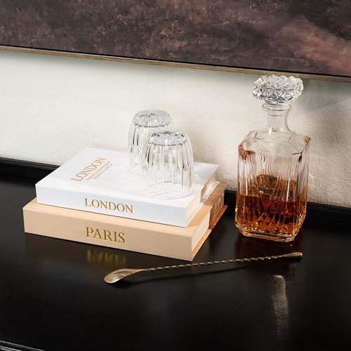 Image of Decorative Books with Storage (Caramel /Beige) - Set of 2 Faux Linen Book Boxes with Gold Stamped Covers - Enhance Your Coffee Table, Bookshelf Decor - Hidden Storage for Photos, Keepsakes, and Jewelry