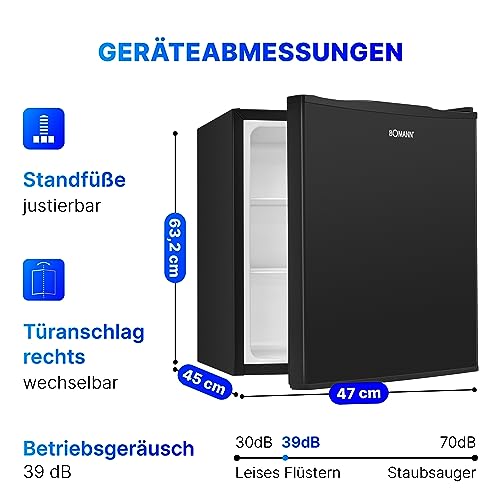 Bomann Mini Kühlschrank mit 58 Liter Nutzinhalt | Kühlschrank klein mit 2 herausnehmbaren Glasablagen | Mini Fridge mit stufenloser Temperaturregelung u. wechselbarem Türanschlag | KB 7347 schwarz
