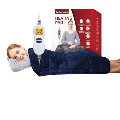 Ambershine 17''x33'' Weighted Heating Pad, 5.2lbs with 12 Temperature Settings & 4 Auto-Off Timers, Pain Relief for Back/Neck/Shoulders/Abdomen/Legs(Dark Blue)