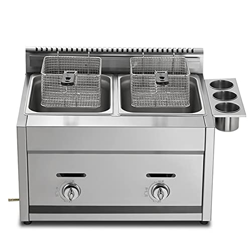 Freidora profesional de gas GLP, freidora comercial LGP de doble tanque de 22 L, freidora gruesa de acero inoxidable con cestas y tapas, potencia de fuego ajustable y control de temperatura, para el