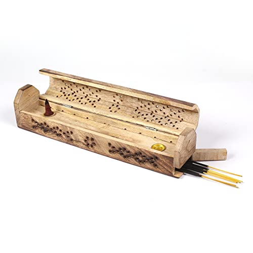 Homebia Designs Solid Wood Hand Carved Two Toned Coffin Style Incense Burner With Storage Compartment Ash Catcher Hand Carved, Incense Stick Stand, Stick Holder - 12 Inch - Antique Natural #TOP3