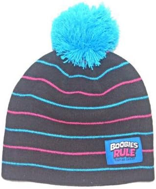 Boobies Rule Black with Blue and Pink Stripes Beanie with Pom Pom