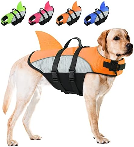 ALAGIRLS Dog Life Jacket for Swimming Boating, Shark Fin Reflective Pet Dog Swim Flotation Life Vest with Handle for Small Medium Large Breeds, Dog Summer Beach Accessories Orange XL