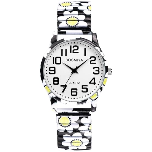 OIDEA Stretch Band Watches for Woman: Large Face Big Number Womens Easy Reader Watches Boho Printed Analog Quartz Bracelet Watch Stainless Steel Expansion Band Wristwatch