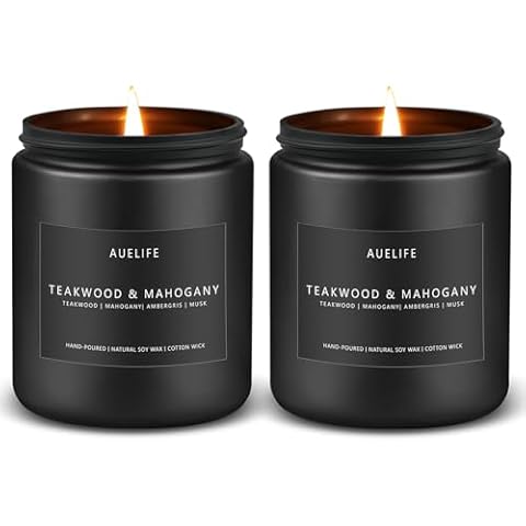 2 Pack Teakwood & Mahogany Candle | Candles for Men, Candle Gifts for Men - Masculine Candle - Soy Candle for Home Scented - 7oz Black Jar Candles Long Lasting Candles Cover